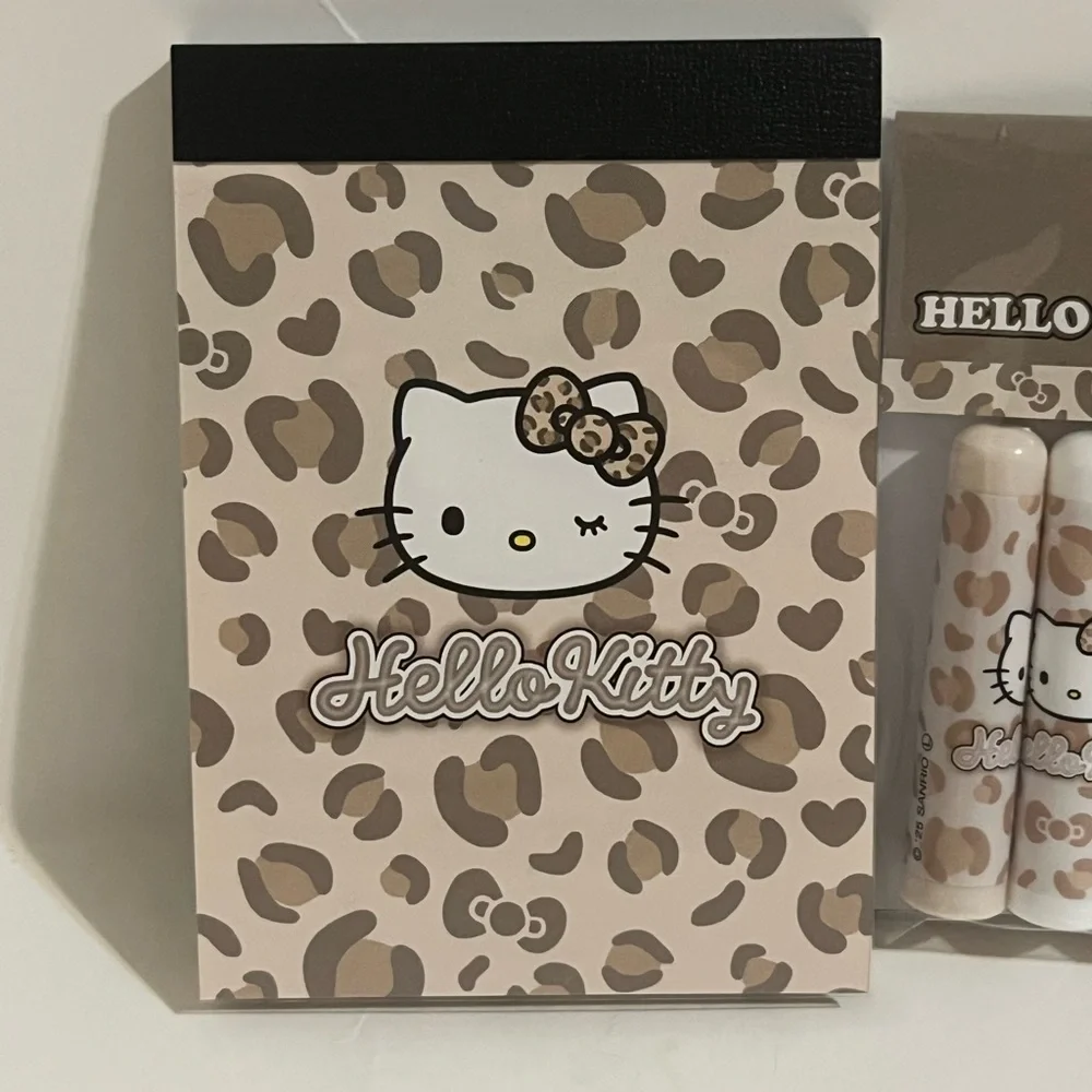 Hello Kitty Brown Leopard Mini Memo Pad, Pencil and Pencil Cap Bundle